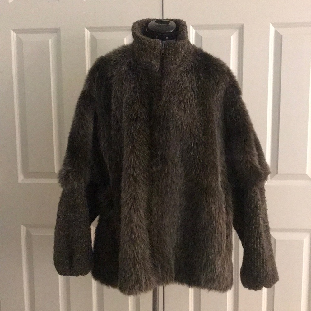 Vintage Lady Sportowne Brown Faux Fur Leather & Wool Knit Coat Size XL